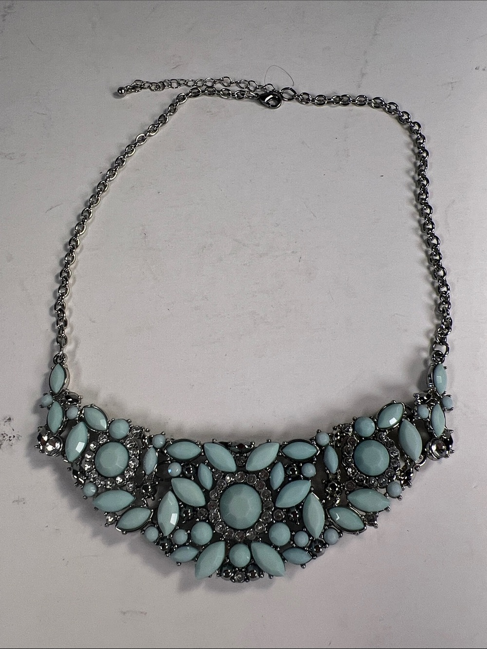 Pastel Blue Statement Bib Necklace with Silver Chain